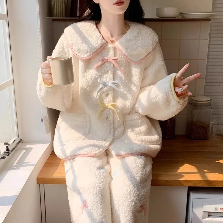 秋冬加绒加厚开衫法兰绒家居服套装蝴蝶结甜美公主风珊瑚绒睡衣女