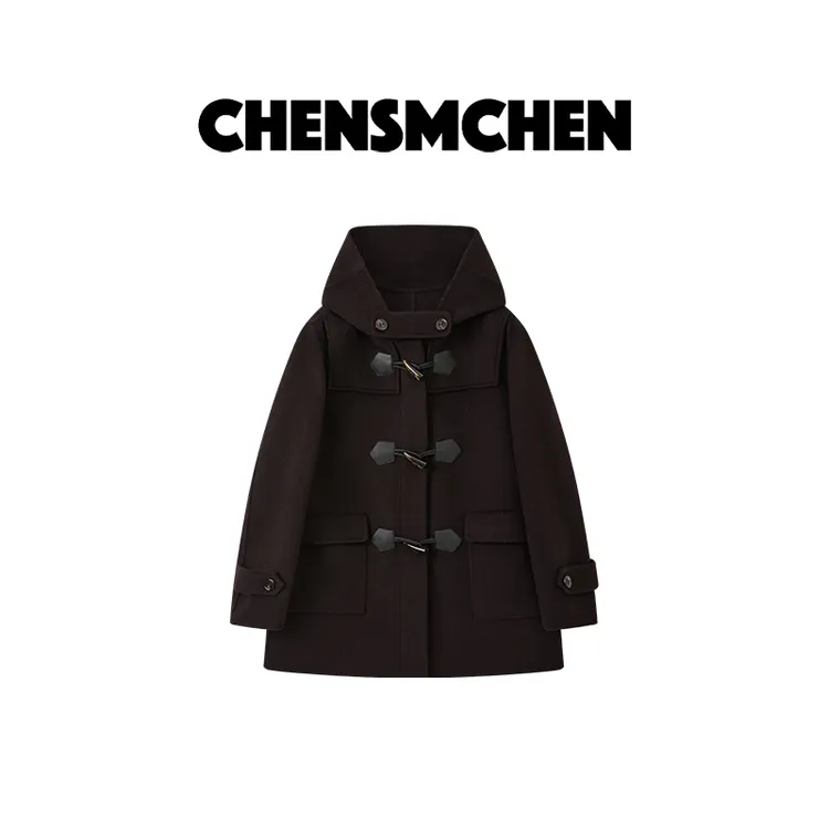 CHENSMCHEN【乌木棕牛角扣】绵羊毛双面呢大衣女连帽外套CSD11729LC