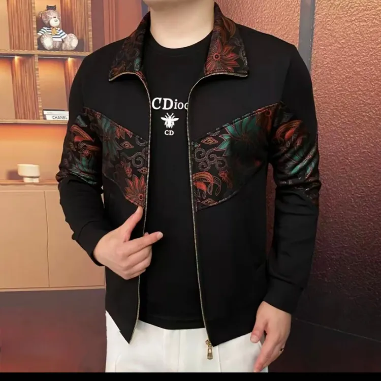 欧货秋季男士休闲立领印花夹克3D效果花色本布下摆男装上衣
