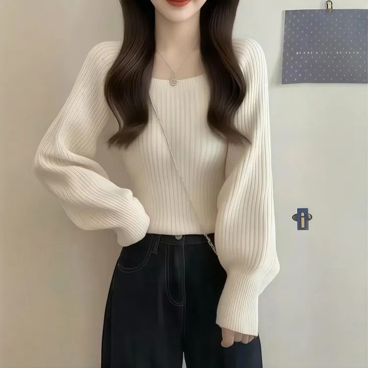 罗芬面料故事旗舰店女装秋季设计感方领针织衫搭配加绒牛仔阔腿裤