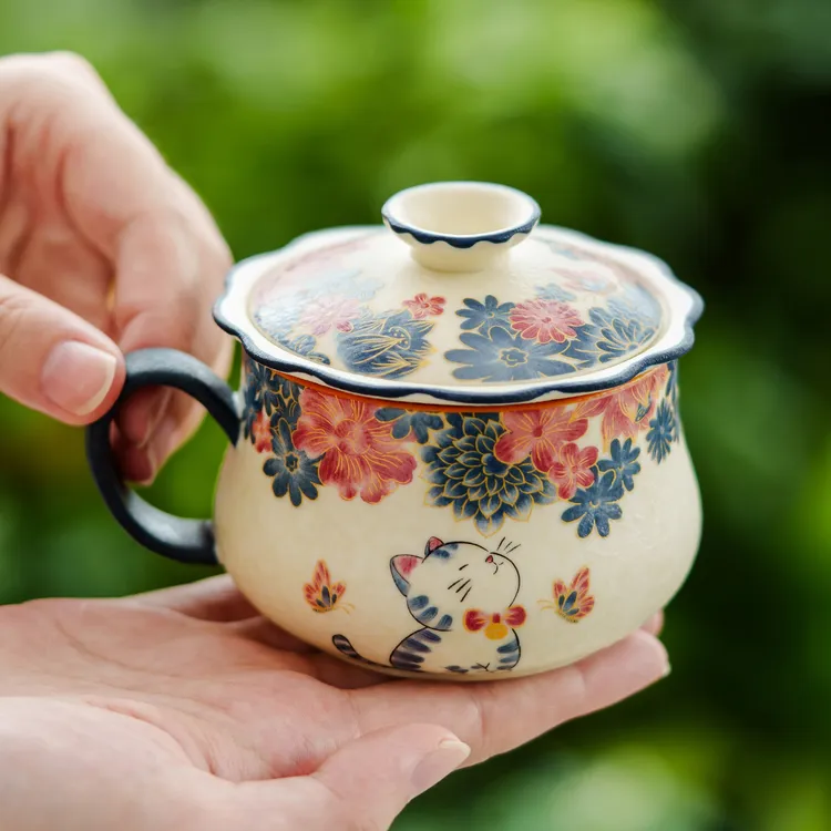 岩矿白陶瓷茶杯蝶恋花萌猫泡茶杯茶咖杯家用杯子马克杯带盖咖啡杯