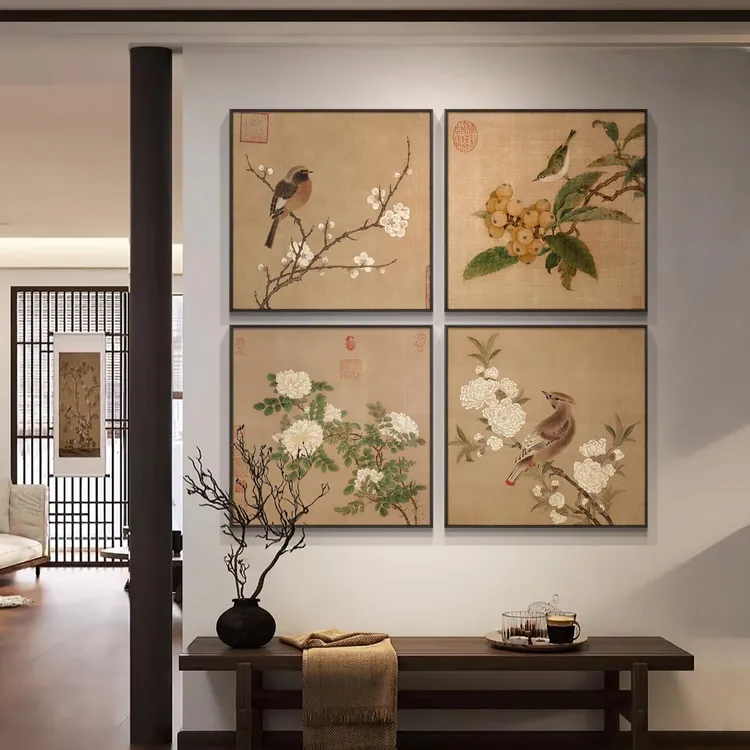 新中式卧室书房客厅装饰画茶室花鸟走廊过道挂画复古艺术多联壁画