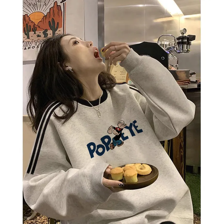 三条杠圆领灰色卫衣女春秋2025新款美式复古宽松大码无帽外套上衣