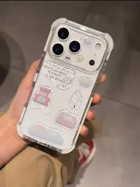 新款简约ins白框透明DIY时钟小熊立体贴纸防摔适用于苹果16/15