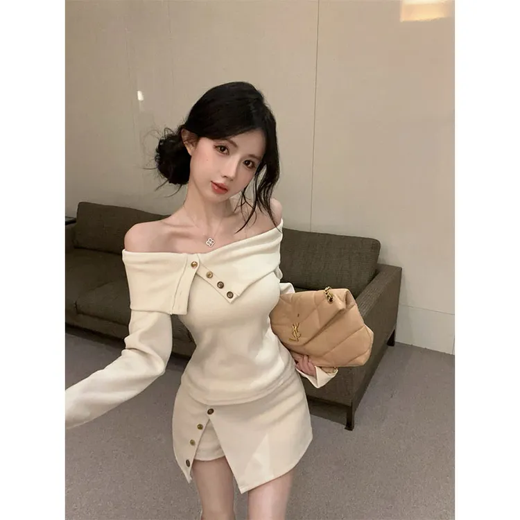 纯欲风辣妹一字领不规则T恤上衣开叉裙裤套装 大衣内搭裙千金套装