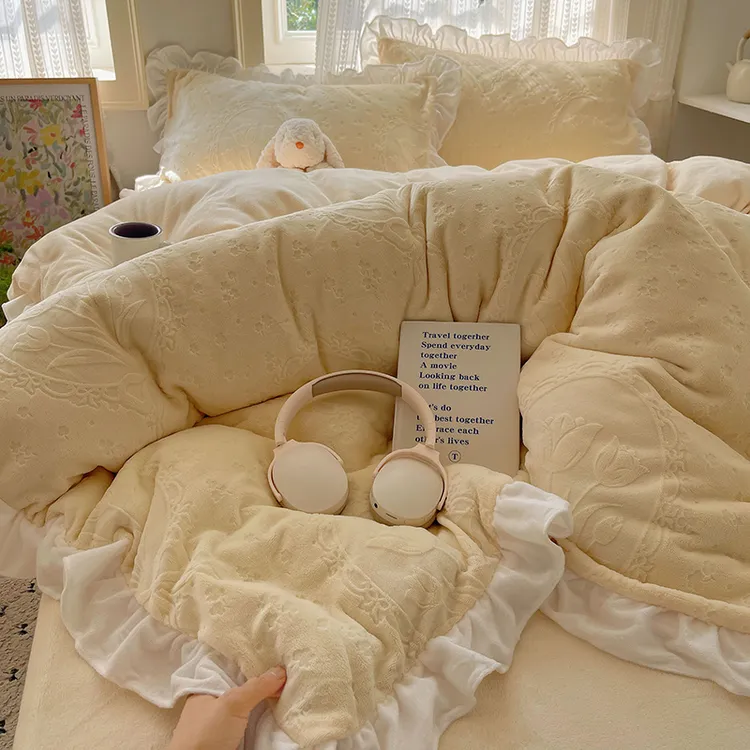 ins奶油风浮雕牛奶绒床上四件套冬季床笠被套加绒加厚床单三件套1
