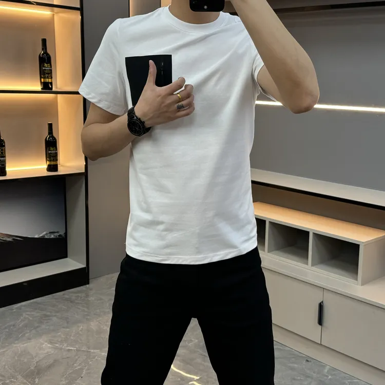 35070夏季新款2025男士百搭休闲舒适纯色高品质商务圆领短袖T恤