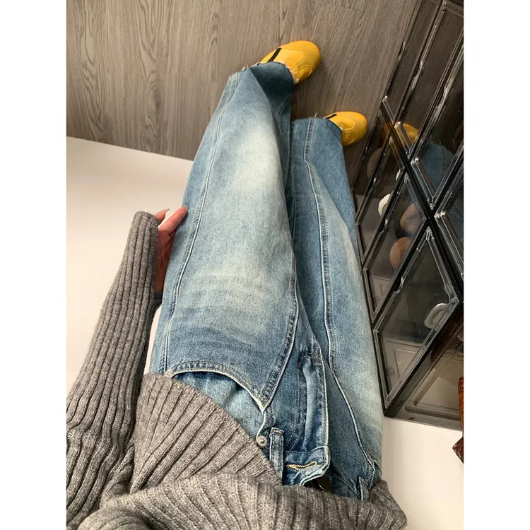 复古蓝设计感弯刀牛仔裤女2025年春季新款高腰显瘦宽松拖地阔腿裤