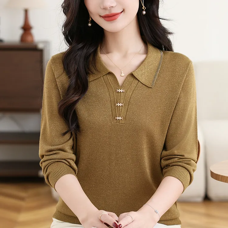 妈妈春装洋气翻领T恤中老年女春秋薄款宽松大码打底小衫长袖上衣