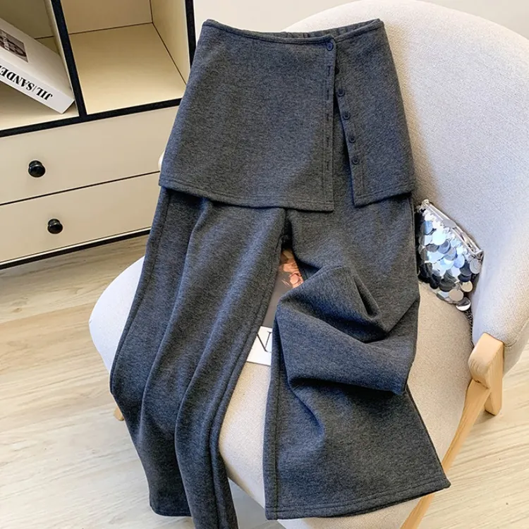2025秋冬慵懒通勤风可拆卸屁帘休闲裤女垂感灰色毛呢加绒阔腿裤潮