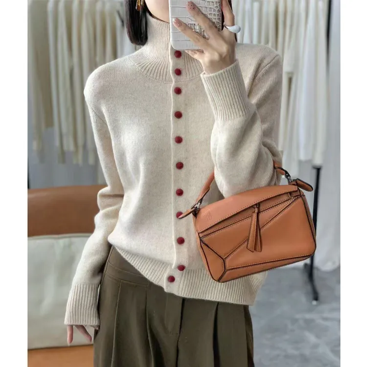 羊毛开衫女网红时尚外套气质百搭长袖针织衫翻领纯色上衣打底毛衣