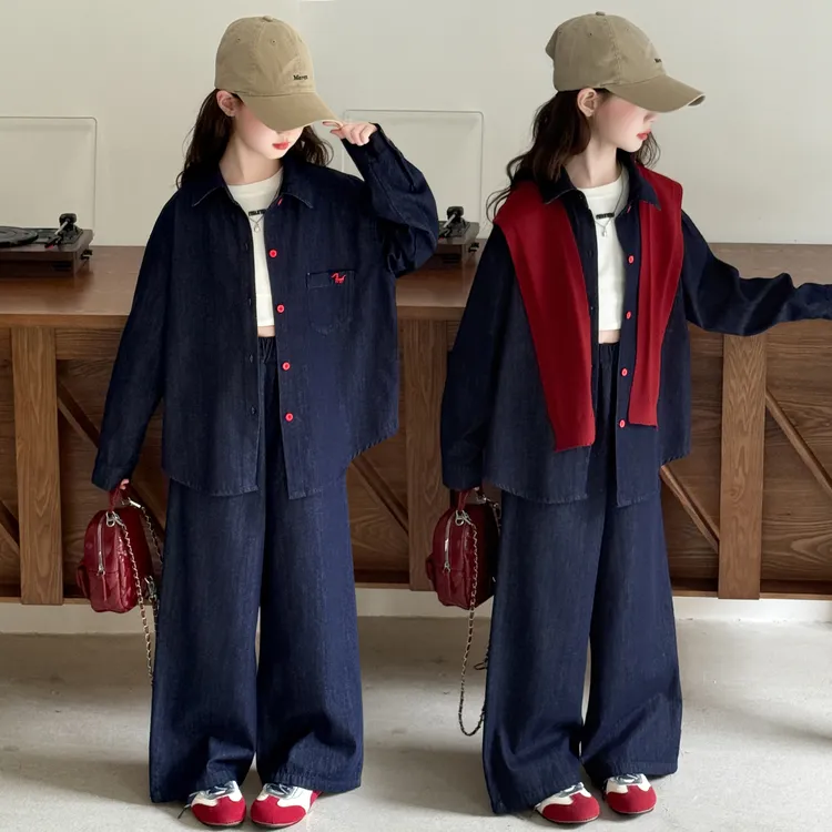 女童秋季套装2025新款中大童6-12岁儿童春秋时尚洋气韩系牛仔套装