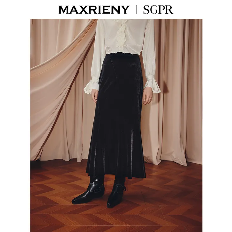 【商场同款】MAXRIENY法式优雅高腰丝绒半裙25秋中长包臀鱼尾裙