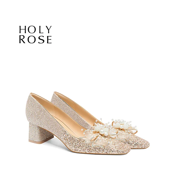 HolyRose圣洁玫瑰【桃落晚晴】金色方头高跟鞋气质婚鞋女高级送女友