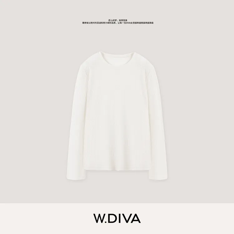 W.Diva【雪落川】简约镂空薄纱T恤秋季提花圆领长袖打底衫53T063054