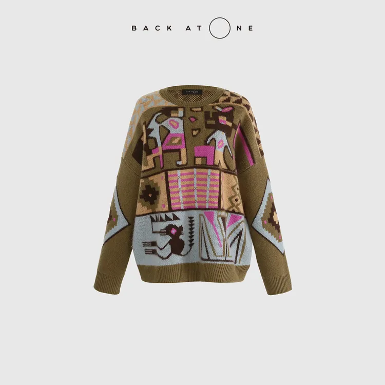 BACKATONE“宝石系列-美丽岛”抽象艺术针织套头衫 BFF-1AB350B-K