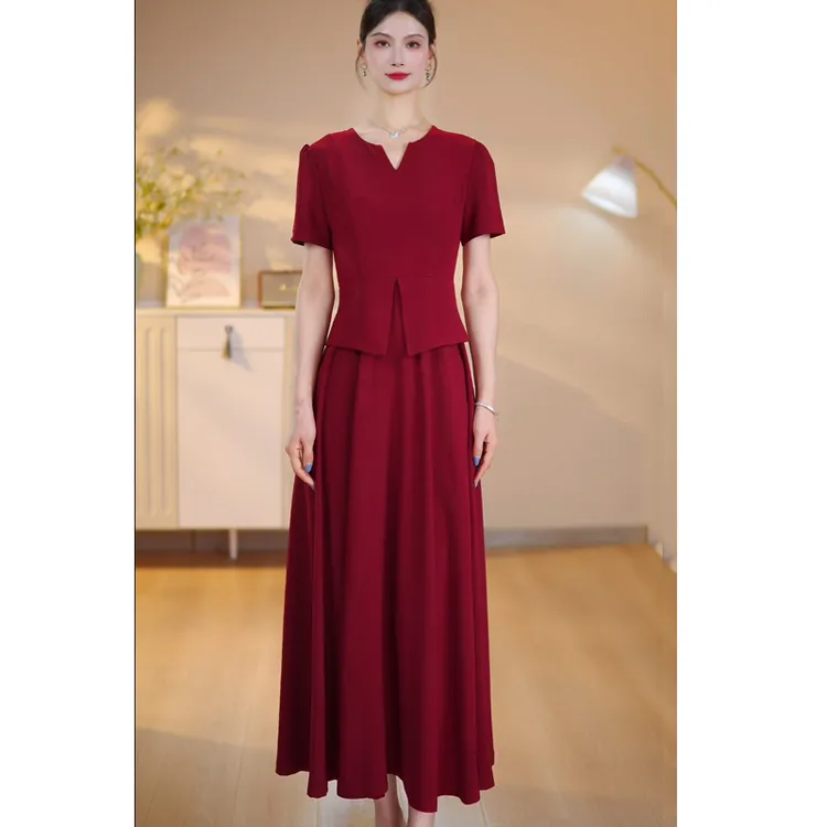 夏季短袖长款显瘦高弹力连衣裙轻奢假两件套气质收腰时尚过膝长裙