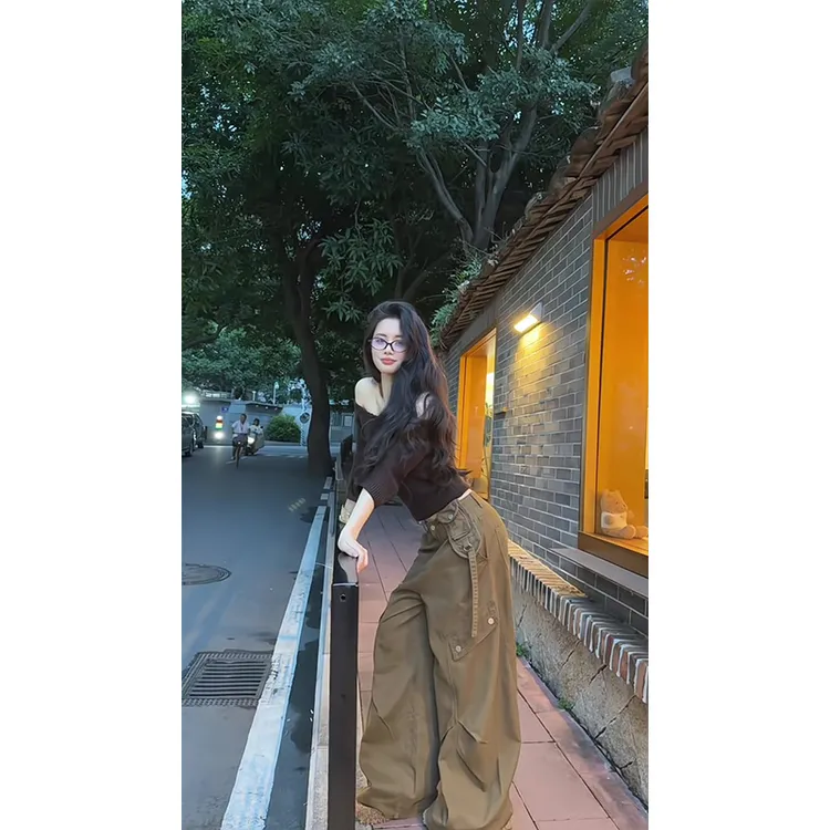 美洋棕色一字肩中袖针织衫女秋季慵懒风复古辣妹系带上衣裤子套装