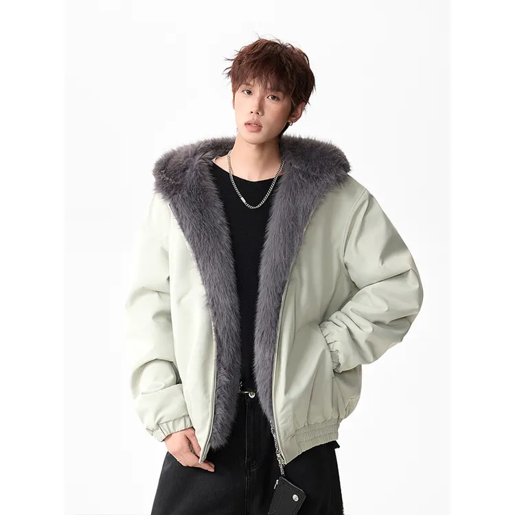 座山雕毛领棉衣男冬季潮牌双面穿仿水貂毛棉服高街休闲保暖厚外套