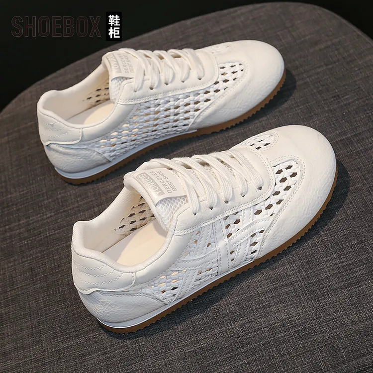 SHOEBOX鞋柜网面透气小白鞋女2025夏季新款平底百搭板鞋德训鞋