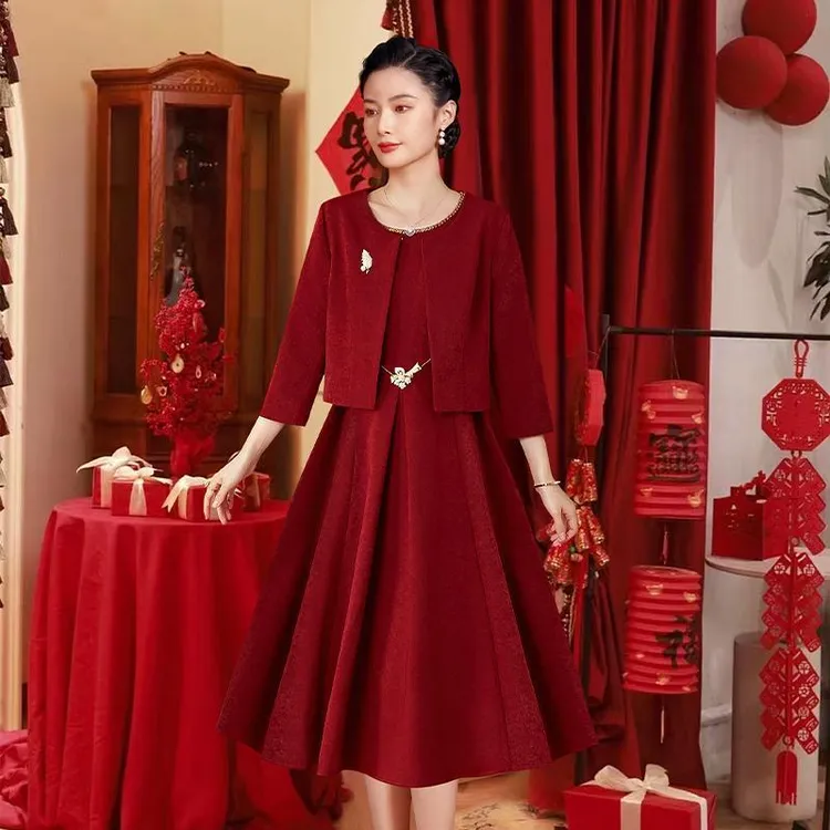 高端喜婆婆婚宴装两件套连衣裙2025春秋年轻妈妈婚宴日常可穿礼服