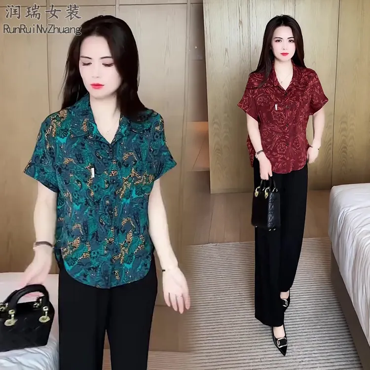 衬衫袖短袖上衣条纹衬衫气质夏季雪纺衫遮肚印花减龄妈妈装显瘦潮