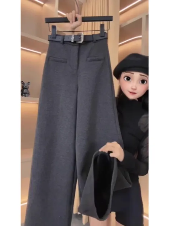 {欧货+运费险}秋冬新款梨形百搭设计感高腰休闲裤一字兜阔腿拖地