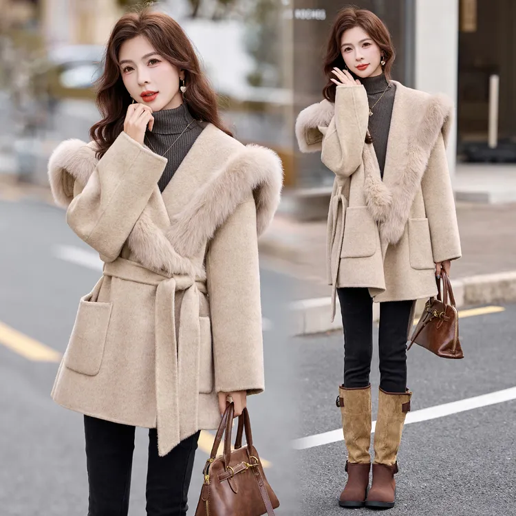 双面羊绒大衣女款2025新款秋冬短款气质高级感仿狐狸毛毛呢子外套