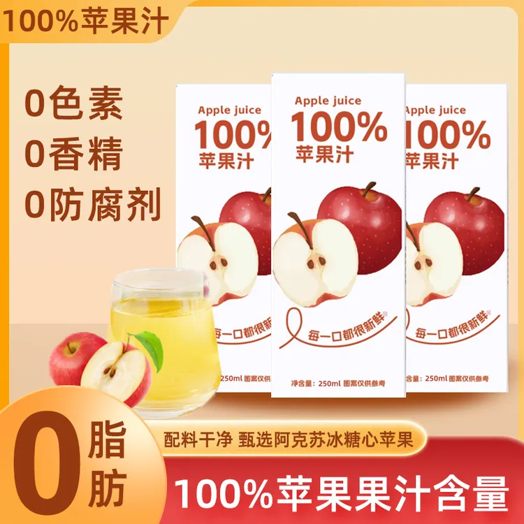 【整箱10盒】100%苹果汁鲜榨无添加健康饮品清爽酸甜畅饮250ml*10瓶