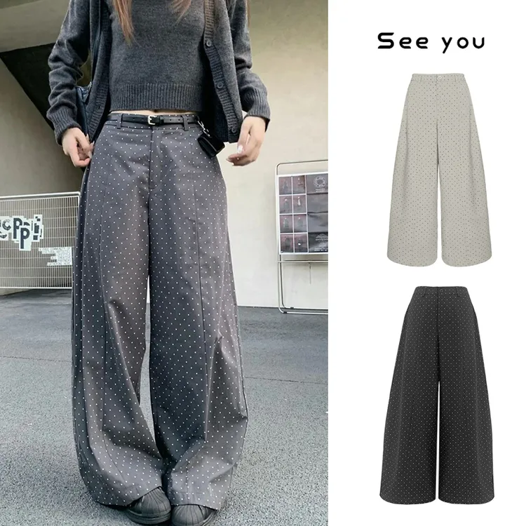 百搭黑白波点慵懒显瘦休闲阔腿长裤Y1274