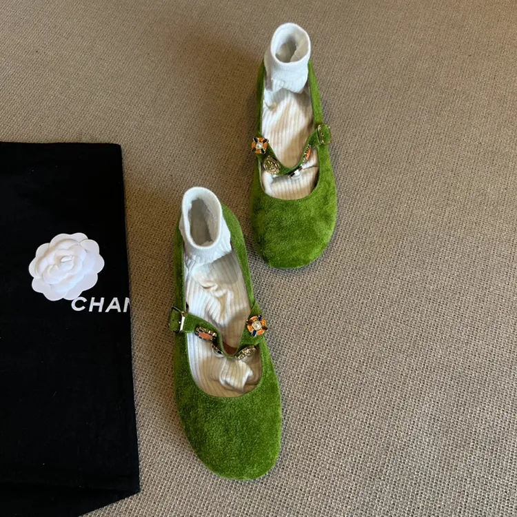 羊皮版~复古金属扣圆头小单鞋浅口配裙子绿色2025今年流行鞋子