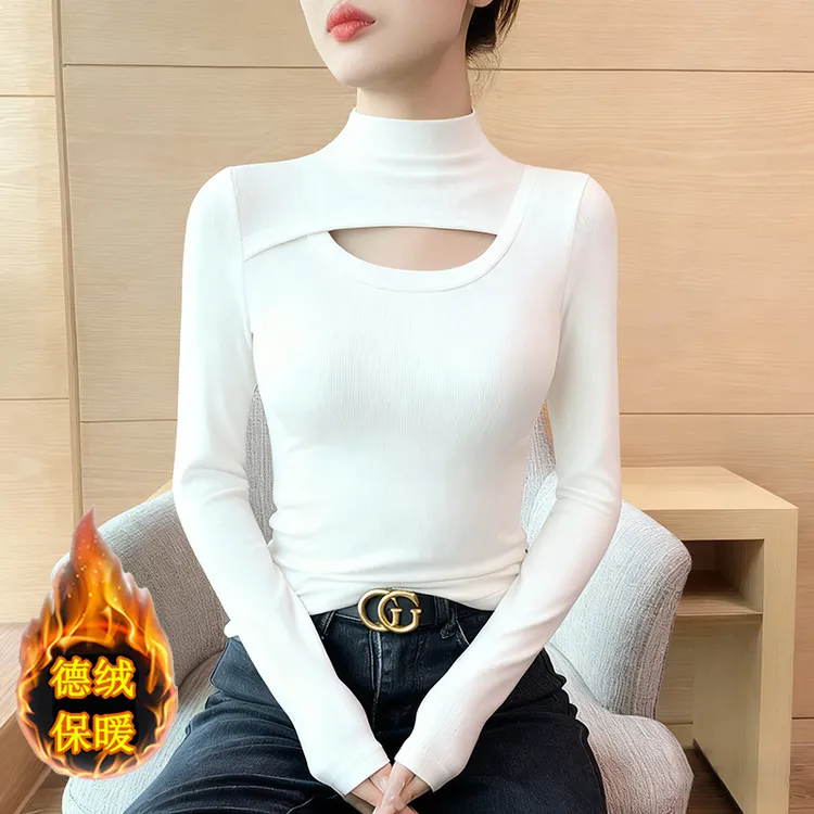 双面磨毛保暖镂空半高领打底衫女长袖秋冬新款女生秋冬衣服内搭