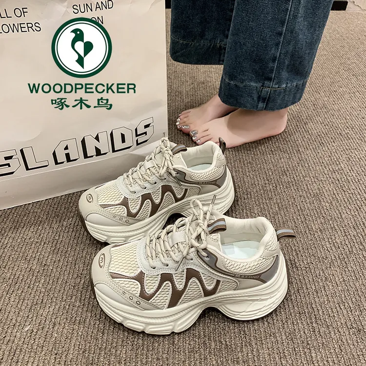 啄木鸟厚底老爹鞋女2025秋季新款网面透气增高休闲运动鞋子ins潮