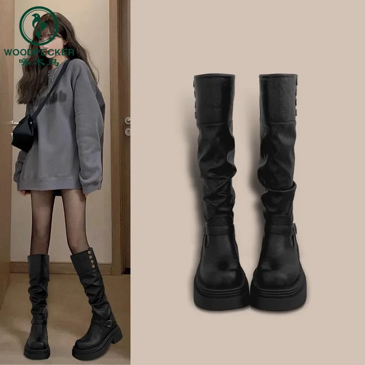 啄木鸟黑色高筒靴子秋冬厚底长筒靴女2024新款爆款增高粗腿骑士靴