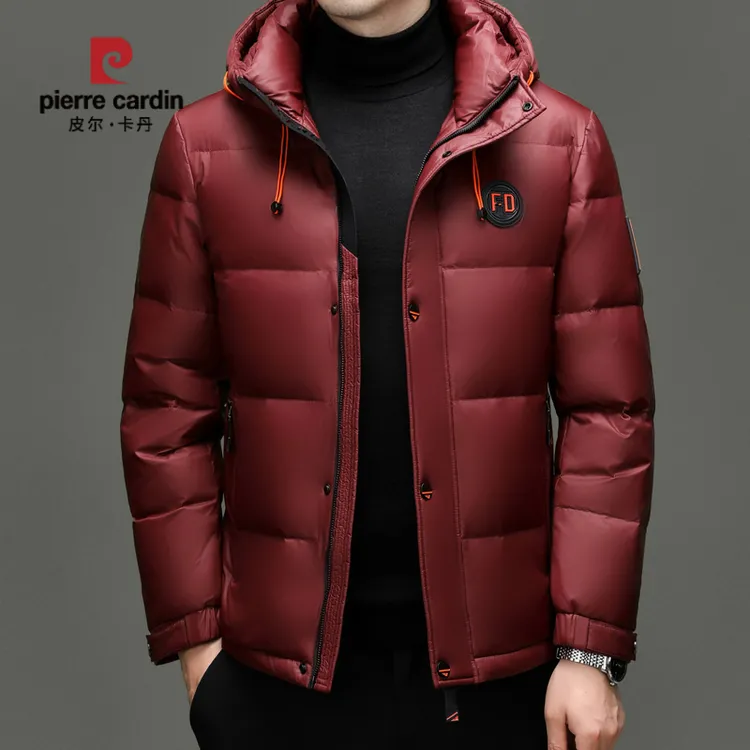 皮尔卡丹面包羽绒服男2025冬季新款连帽休闲鸭绒加厚短款红色保暖