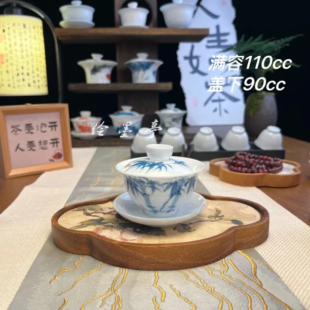 羊脂玉薄胎釉下彩手绘富竹三才盖碗
