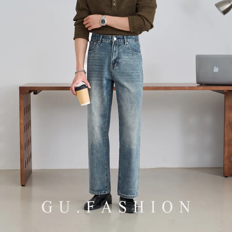GU FASHION复古水洗蓝渐变猫须马骝牛仔裤做旧直筒百搭休闲长裤男