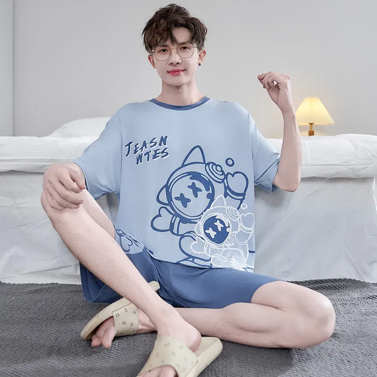 男士睡衣宽松莫代尔短袖冰丝薄款休闲卡通夏天男加大码家居服套装
