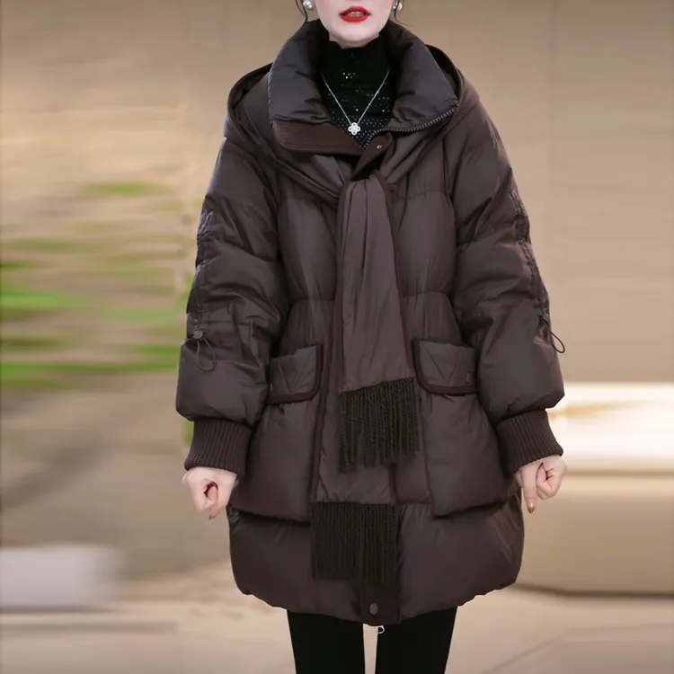 2025年冬新款优雅时尚百搭气质显瘦减龄带围巾鸭绒羽绒服宽松外套