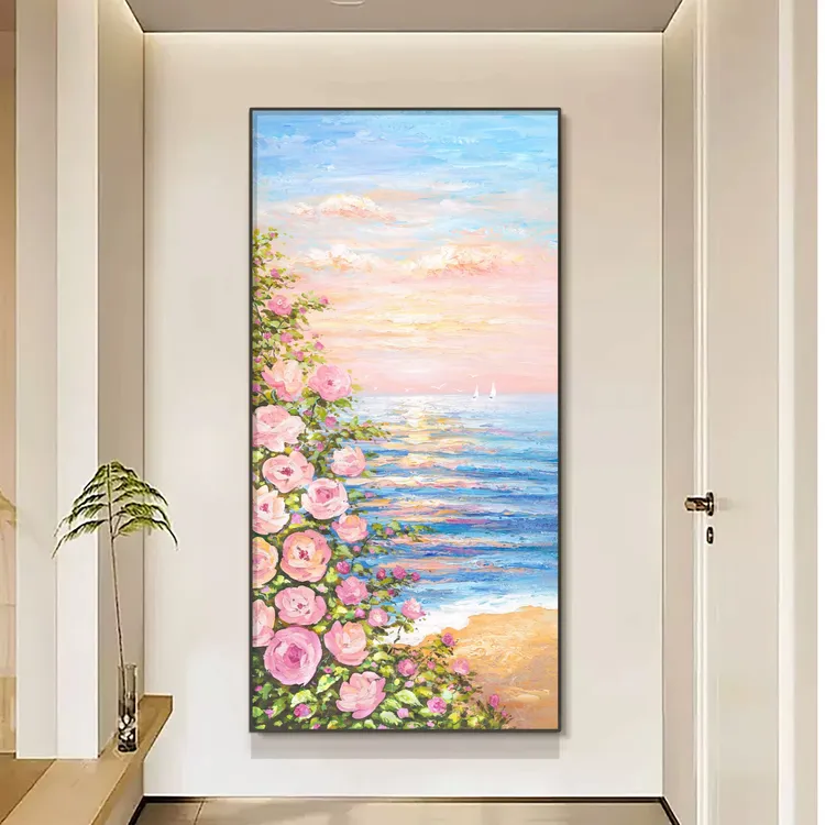 粉玫瑰 手工画奶油风玄关装饰画客厅装饰画走廊玄关壁画油画立体