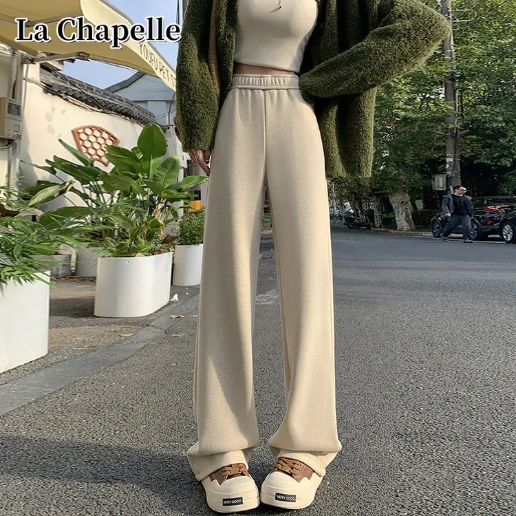 拉夏贝尔秋冬新款毛呢窄版阔腿裤女高腰垂感休闲人字纹加绒直筒裤