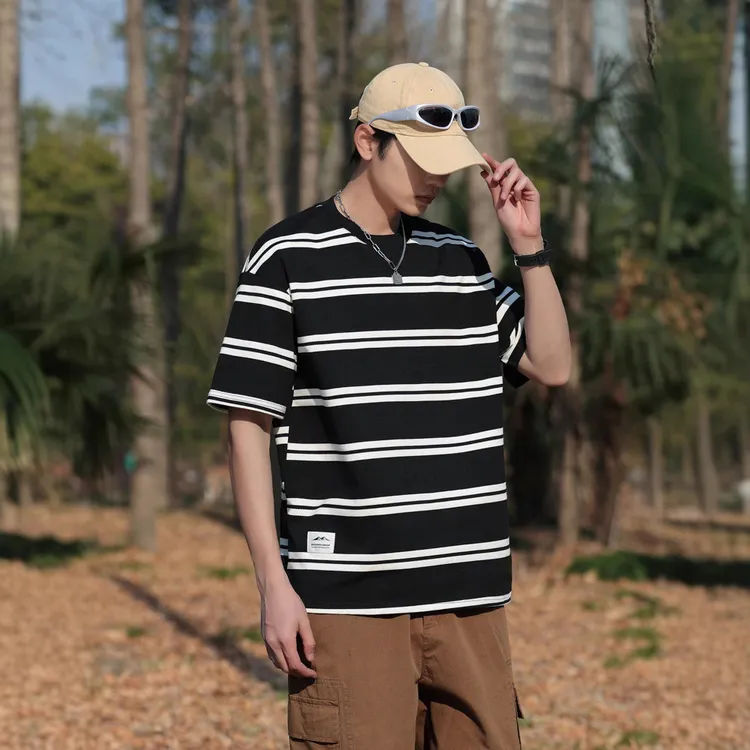轻奢痞帅高级感男装夏季新款条纹t恤男韩版宽松休闲重磅半袖上衣