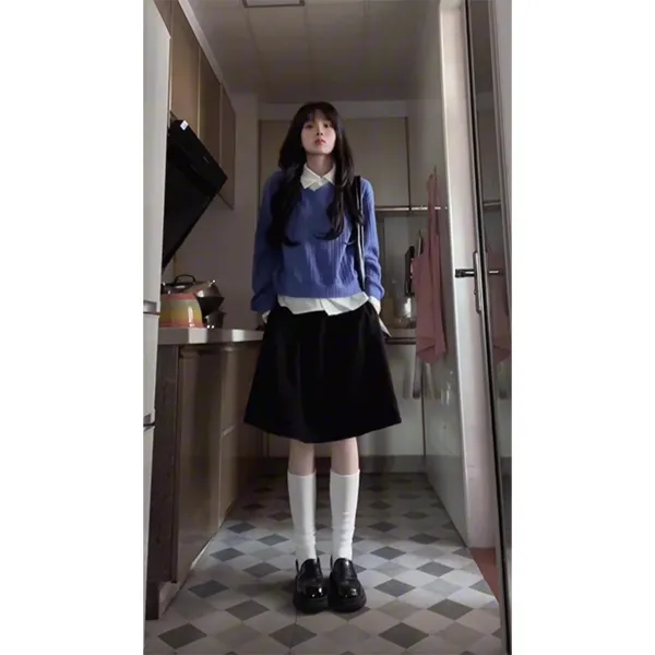 韩系假两件拼接长袖针织衫女秋冬高级感修身显瘦独特上衣裙子套装