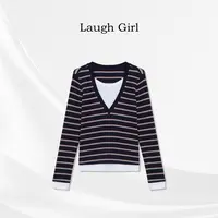 楚楚君 Laugh girl【温感条纹】假两件V领条纹长袖上衣CL531175J