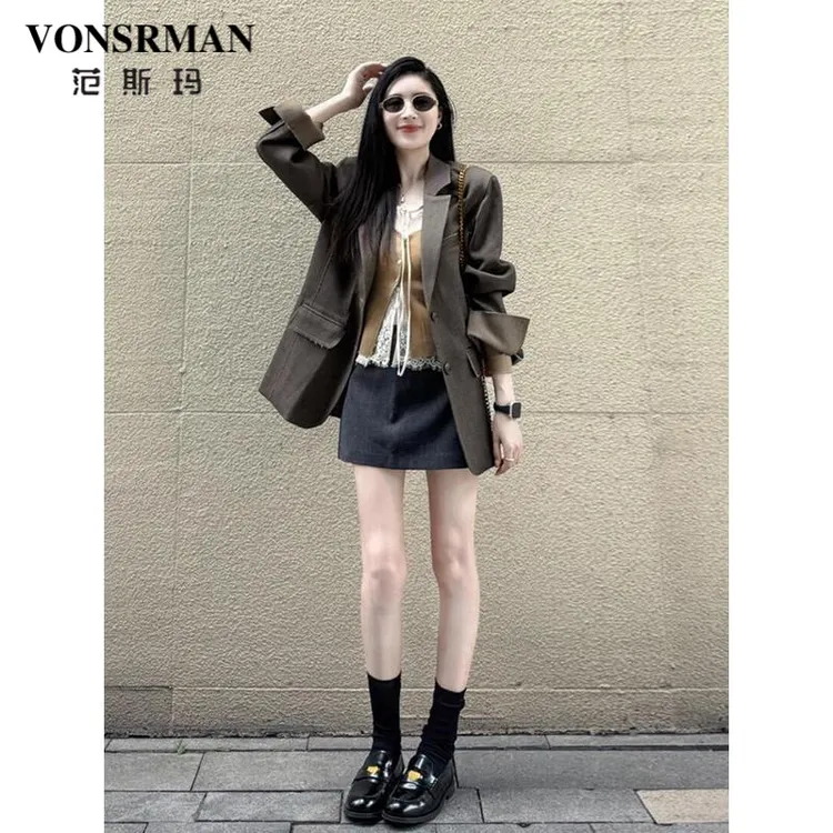 咖色毛边西装外套女2025春秋新款撞色英伦风设计感小个子西服上衣