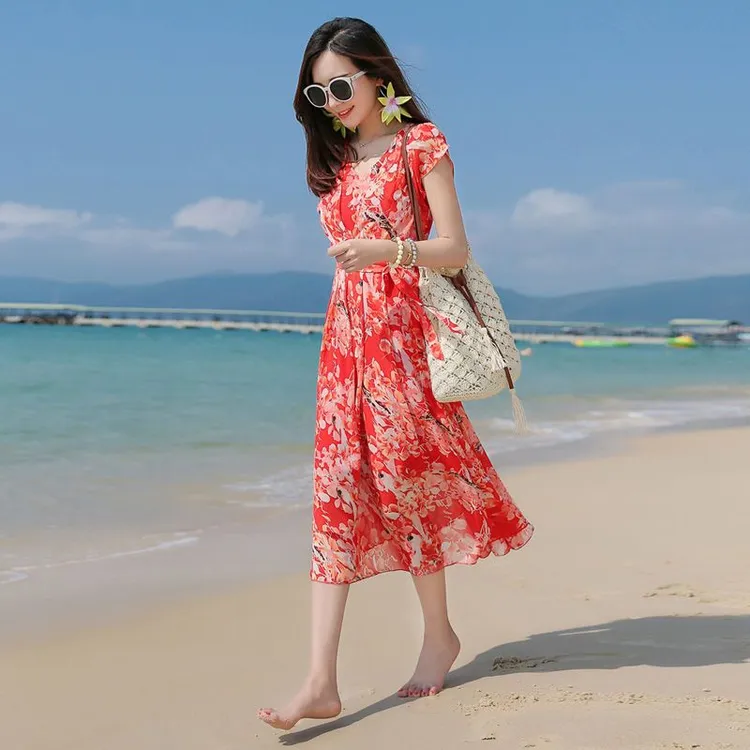【4785人收藏】泰国海边度假女夏2024新款中长款短袖红色碎花裙雪纺