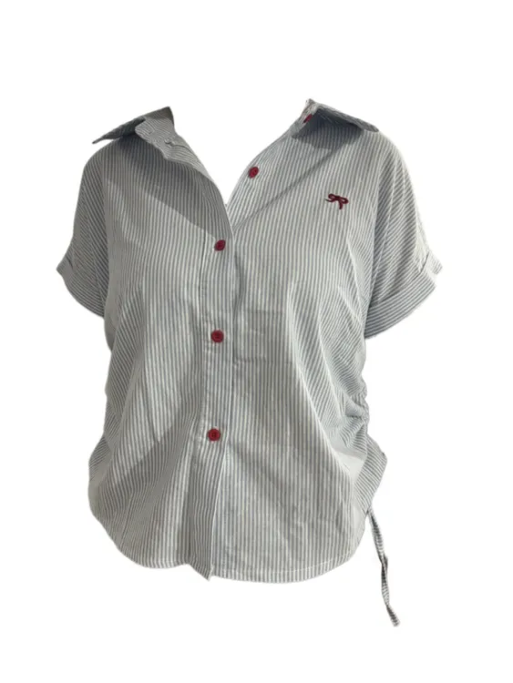 【Amy家】微胖mm设计感抽绳刺绣短袖衬衫女夏季条纹蝴蝶结显瘦上衣