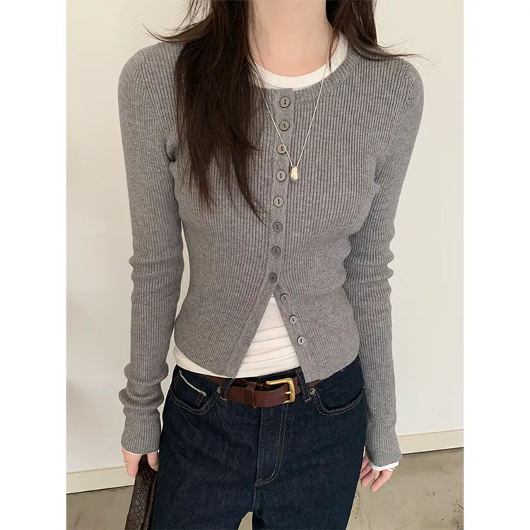 Miss sumeyY3614自制美式修身圆领单排扣针织开衫女短款露脐上衣