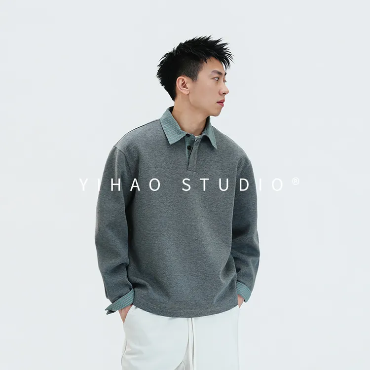 YIHAO STUDIO秋季新款男士假两件卫衣黑色宽松休闲百搭长袖上衣
