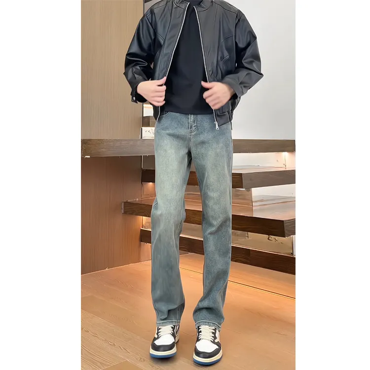 男士秋冬水洗牛仔裤美式水洗做旧新款潮牌cleanfit复古直筒长裤子
